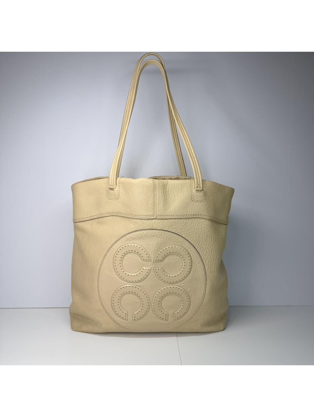 Coach Julia 17907 Cream Beige Leather Perforated Op Art Tote Shoulder Bag Y2K